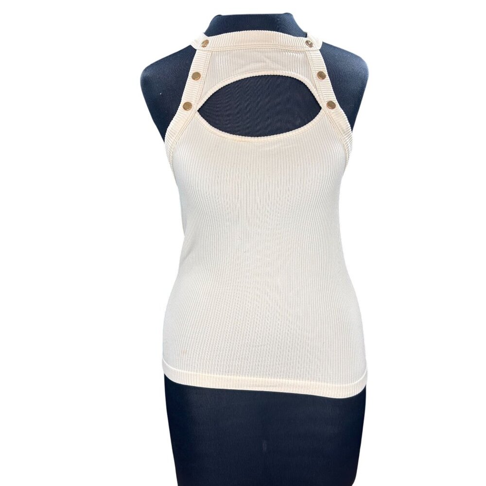 Sleeveless Ribbed Knit Halter Top With Button Detail Suzette Collection XS / S N